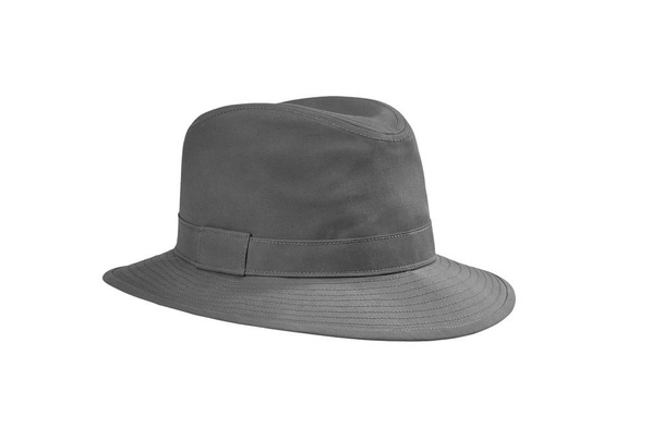 灰色のつばの広い帽子。スタイリッシュな男性の帽子。衣装の要素。ファッションのテーマ - 写真・画像