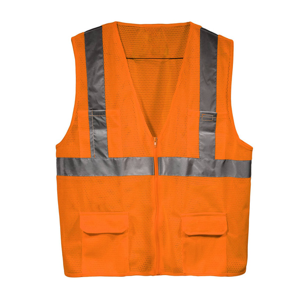 Оранжевый жилет безопасности на белом фоне спереди
 - Фото, изображение