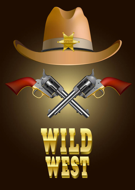 Illustration vectorielle ouest sauvage. Lettrage décoredet en or, fusils avec chapeau de shérif au-dessus
. - Vecteur, image