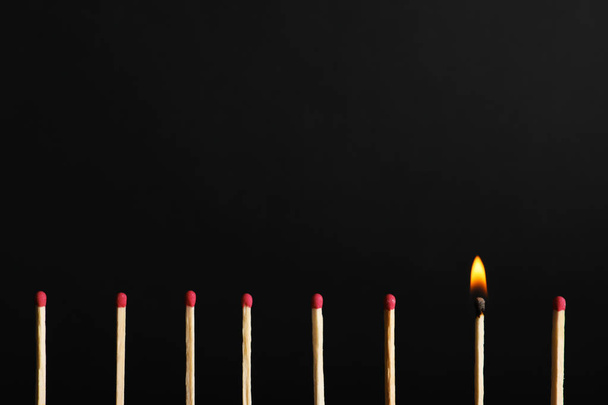 Row of matchsticks with burning one on black background. Be different - Valokuva, kuva