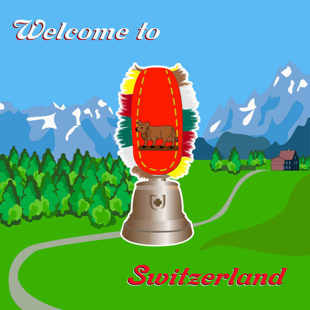 sobre el fondo de montañas y bosques representa una campana con una bandera suiza estilizada
. - Vector, imagen