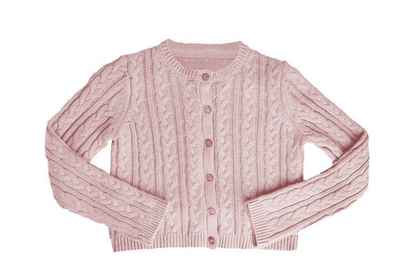 Girls clothes. Festive beautiful pink little girl sweater or knitted cardigan isolated on a white background. Children and kids fashion. - Foto, afbeelding