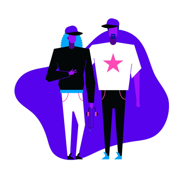 Colorful flat characters,subculture music genre apparel style concept.Flat people,man and women in hip hop pop styles clothes outfit on blue white background  in trendy neon colours, disco style - Vector, Image