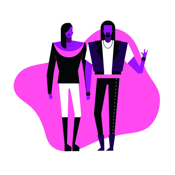 Colorful flat characters,subculture music genre apparel style concept.Flat people,man and women in punk rock styles clothes outfit on blue white background  in trendy neon colours, disco style - Vector, Image