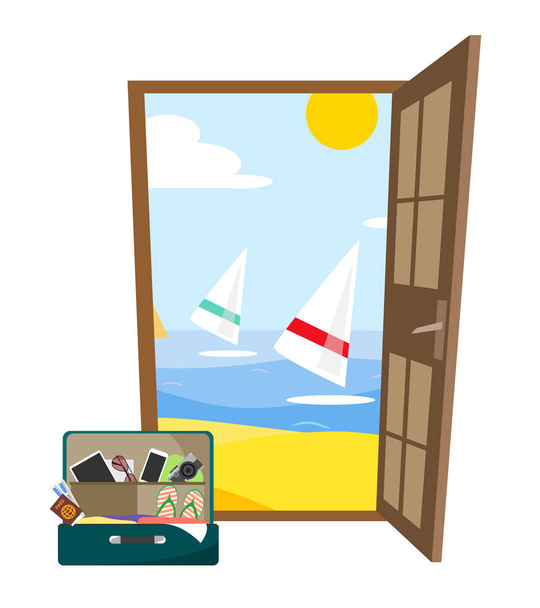 Opened door. An open door to the resort and the sea with a suitcase for travel on white background. - Vector, afbeelding