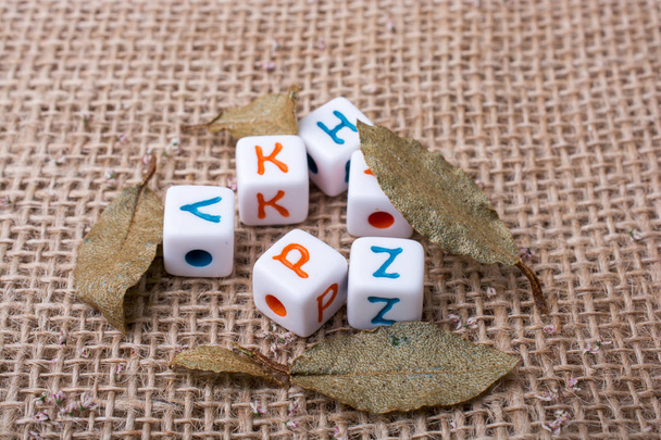 Alfabeto colorido letras cubos y hojas en un lienzo de lino
 - Foto, imagen