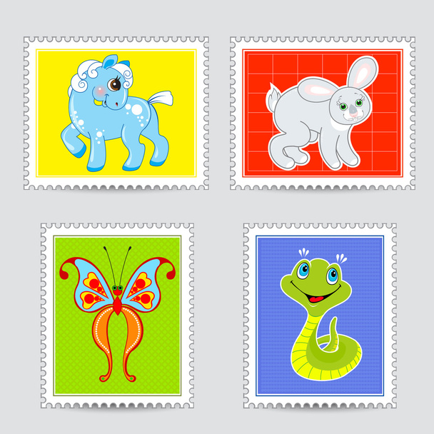 Набор почтовых штемпелей с детскими животными
 - Вектор,изображение