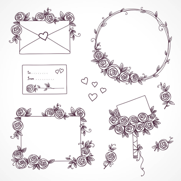 Set of floral design elements. Flower branch, wreaths, heart. Roses flowers. Wedding birthday valentines day concept - Vector, afbeelding