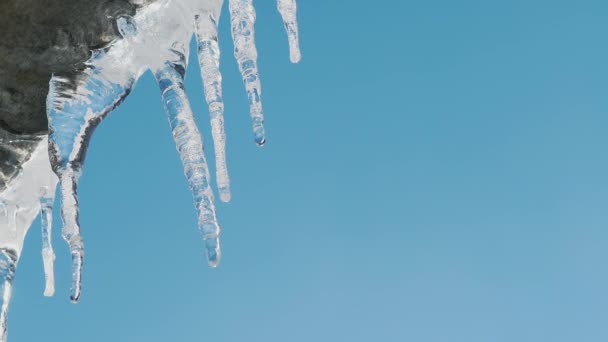 Icicles on the roof melt in the sun against the blue sky - Footage, Video