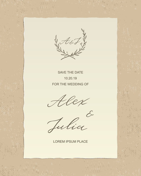 Biglietto d'invito di nozze di lusso Alex e Julia con testo calligrafico disegnato a mano ed etichetta floreale, su sfondo strutturato - carta con bordi deckled. Modello di progettazione vettoriale. Salva la scheda di benvenuto data
 - Vettoriali, immagini