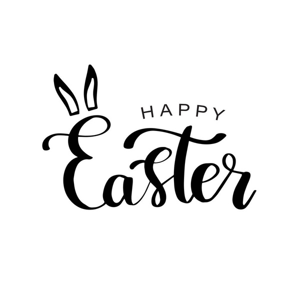 Happy Easter calligraphy design. Hand drawn lettering text and rabbit ears on white background. Can be used for logo, badge, icon, poster. Vector Template for invitation, greeting card, web, postcard. - Vektor, kép
