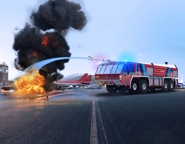 Een Simba-brandweerwagen voor beveiliging van de luchthaven gezien in actie, bestrijding van brand, 3d render, brandbestrijding, voertuig, rosenbauer,  - Foto, afbeelding