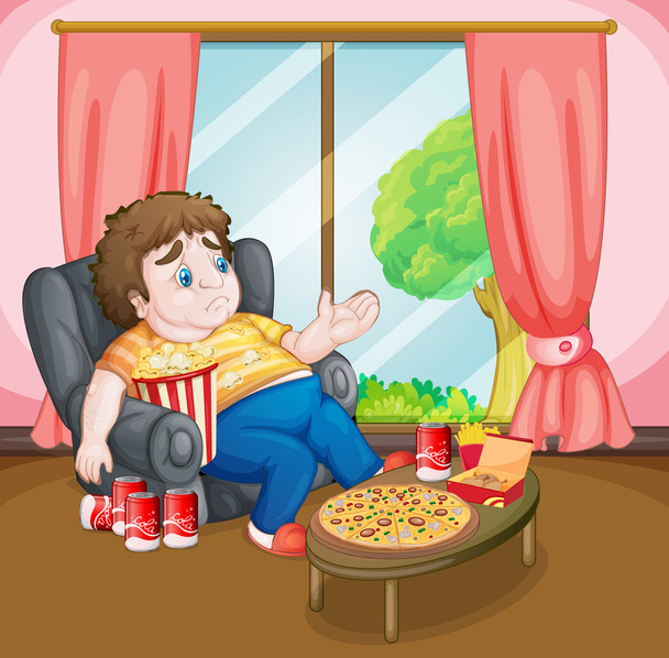 A kövér fiú sok élelmiszerek - Vektor, kép