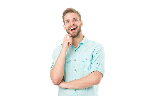 Celebrate good result. Solution for all problems. Find solution. Man with bristle smiling face white background. Guy happy find solution. Achieve success. Man with beard happy about solution - Foto, Bild