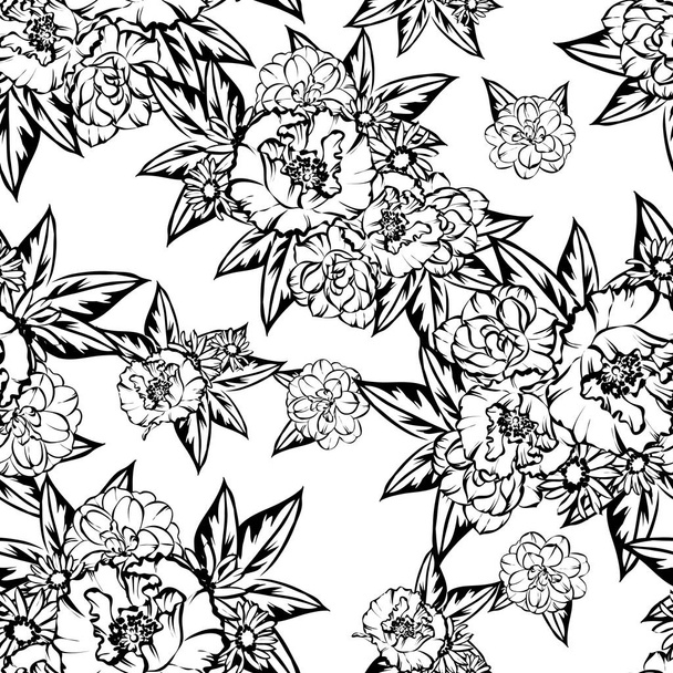 Seamless vintage style flower pattern. Floral elements in black and white. - Vetor, Imagem