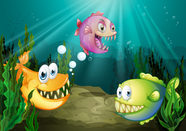 Tres tipos diferentes de peces con colmillos grandes bajo el mar
 - Vector, imagen