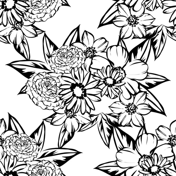 Patrón de flores de estilo vintage sin costuras. Elementos florales en blanco y negro
. - Vector, Imagen
