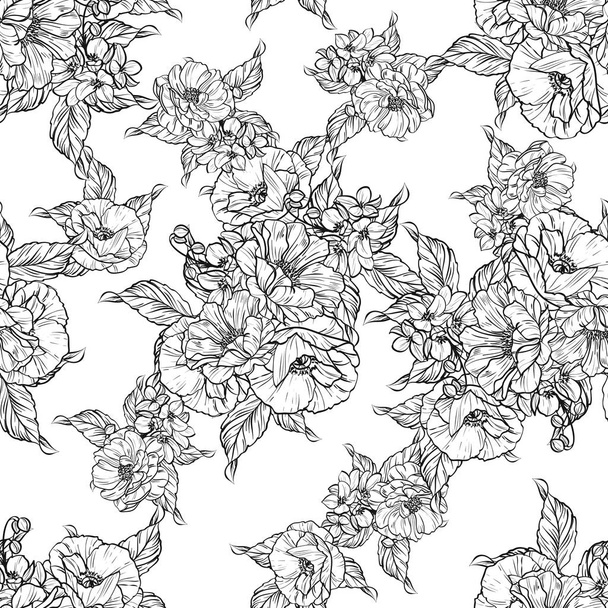 Seamless vintage style flower pattern. Floral elements in black and white. - Vektor, obrázek