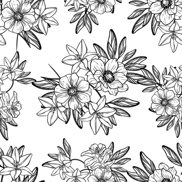 Seamless vintage style flower pattern. Floral elements in black and white. - Vector, imagen