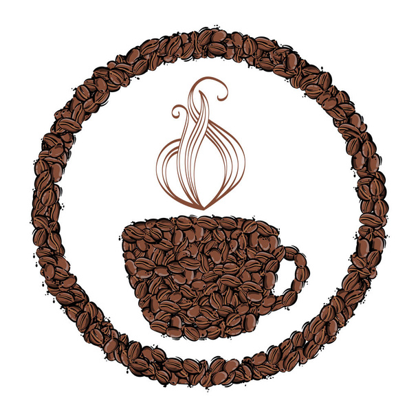 Αφηρημένη εικονογράφηση διάνυσμα με κόκκους καφέ. Καφέ σπίτι. Καφέ φόντο. Φλιτζάνι καφέ - Διάνυσμα, εικόνα