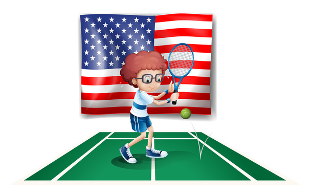 米国旗の前のテニス選手 - ベクター画像