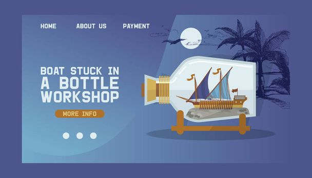 ミニチュアランディングウェブページでボトルベクトルボートで船は、フラスコの背景のウェブサイト広告でコルクウェブページの壁紙旅行出荷とガラスヨットで帆のお土産を旅行 - ベクター画像