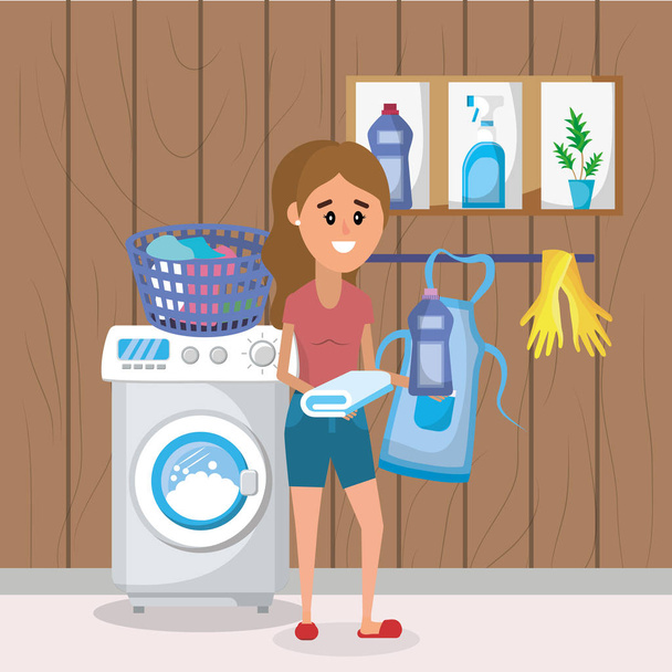 Mujer en la lavandería con electrodomésticos vector de dibujos animados ilustración diseño gráfico
 - Vector, imagen