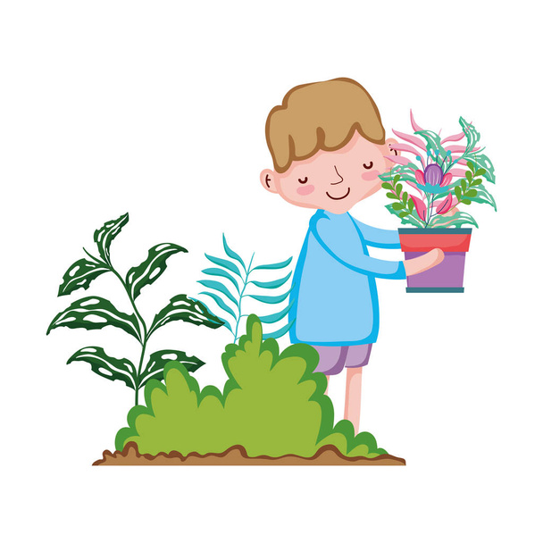 little boy lifting houseplant in the garden vector illustration design - Vector, Image