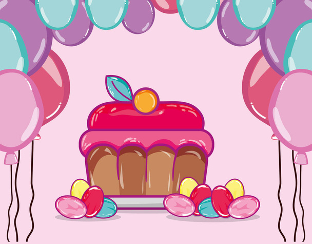 Kuchen und Bonbons mit Luftballons Vektor Illustration Grafik-Design - Vektor, Bild