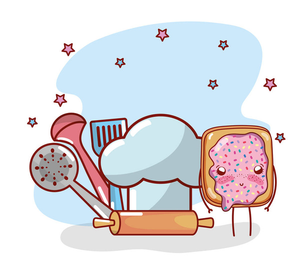 de zwevende kast keuken met keukengerei en ingrediënten cartoon kawaii cute cartoon - Vector, afbeelding