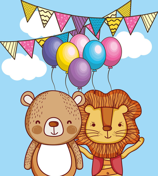 happy birthday card with cute animal cartoon vector illustration graphic design - Vector, imagen