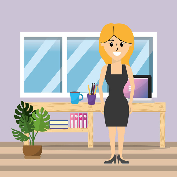 Mujer de negocios que trabaja en la oficina con ilustración de vectores de computadora diseño gráfico
 - Vector, Imagen