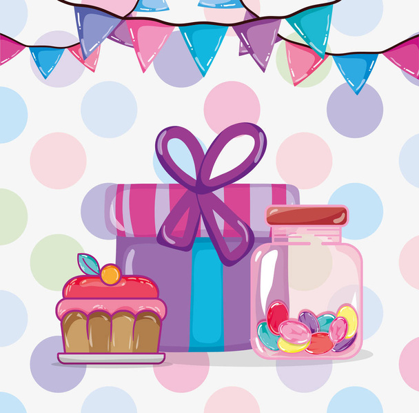 Celebración de cumpleaños y caramelos dibujos animados vector ilustración diseño gráfico
 - Vector, imagen
