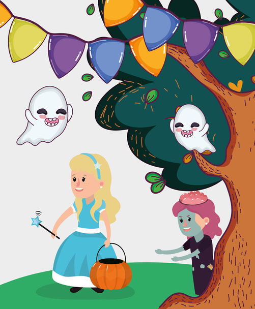 Halloween celebración niñas con disfraces en la noche dibujos animados vector ilustración diseño gráfico
 - Vector, imagen