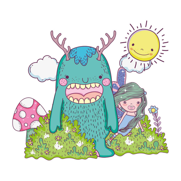 Little fairy met monster in het veld vector illustratie ontwerp - Vector, afbeelding