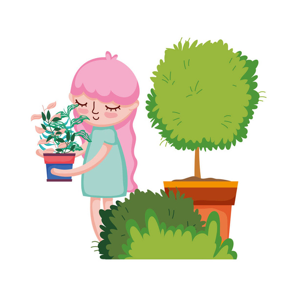 bambina sollevando pianta d'appartamento con albero e cespuglio disegno vettoriale illustrazione
 - Vettoriali, immagini