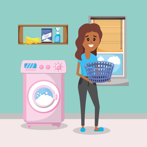Γυναίκα στο δωμάτιο πλυντηρίων με συσκευές διάνυσμα καρτούν εικονογράφηση γραφικού σχεδιασμού - Διάνυσμα, εικόνα