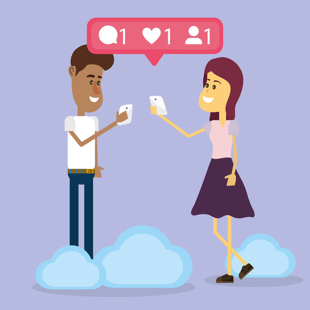 Young couple using social networks from smartphone vector illustration graphic design - Vector, Image