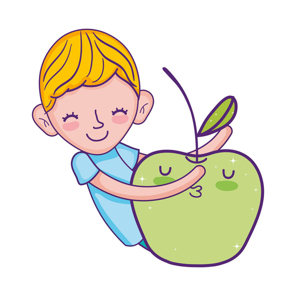 mały chłopiec z apple kawaii znaków wektor ilustracja projektu - Wektor, obraz