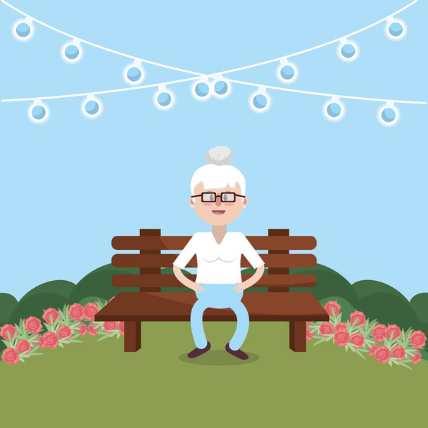 Grandmother elderly alone on bench at garden vector illustration graphic design - Vector, Image