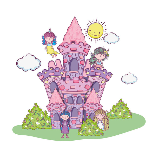 χαριτωμένο μικρό νεράιδες ομάδα στο σχεδιασμό εικονογράφηση διάνυσμα κάστρο - Διάνυσμα, εικόνα