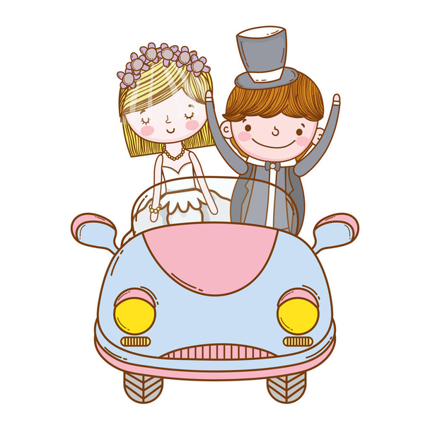 wedding couple marriage on vintage car cute cartoon vector illustration graphic design - Vector, Image