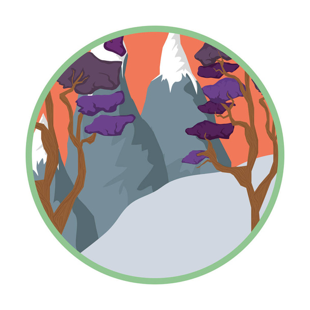 krajina s snow mountain kruhový rám vektorové ilustrace designem - Vektor, obrázek