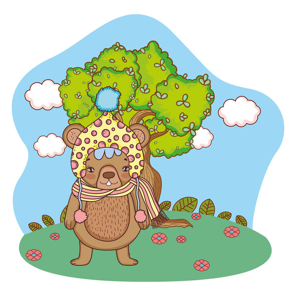 aranyos kis medve a táborban kalapban vektoros illusztráció design - Vektor, kép