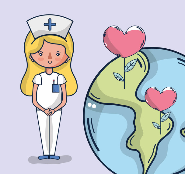 verenluovutus nainen sairaanhoitaja ja maailman terveys sarjakuva vektori kuvitus graafinen suunnittelu
 - Vektori, kuva