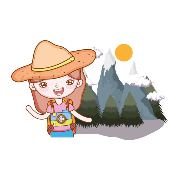 маленькая туристическая девочка в ландшафтном векторном дизайне
 - Вектор,изображение