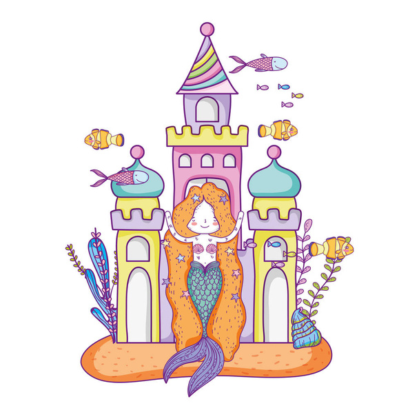 Meerjungfrau mit Schloss Unterwasser Szene Vektor Illustration Design - Vektor, Bild