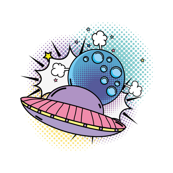 UFO vliegen met maan pop-art stijl vector illustratie ontwerp - Vector, afbeelding