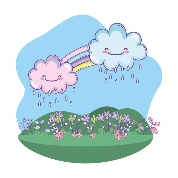 Lindo paisaje con nubes y arco iris vector de dibujos animados ilustración diseño gráfico
 - Vector, imagen