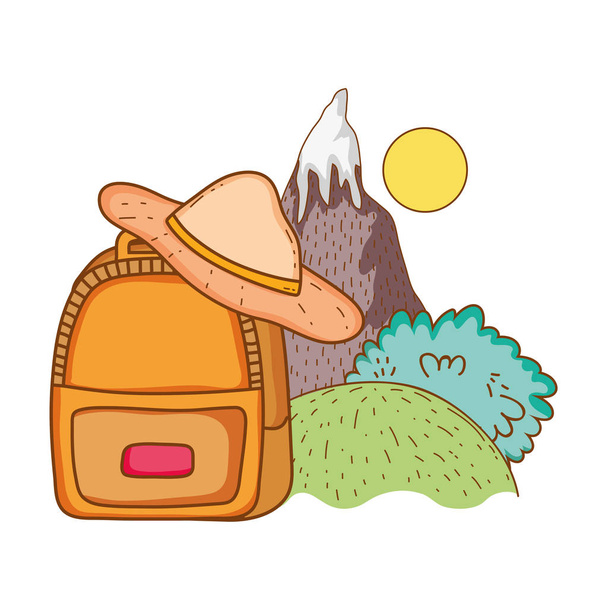 éléments de voyage et sacs à dos avec chapeau avec illustration vectorielle paysage de montagne graphisme
 - Vecteur, image